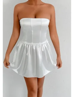 New Women's Mini Dress Dress Graduation Dress Fashion Graduation Tea Party Weekend Regular Fit Plain Sleeveless Strapless Summer Women White Dresses