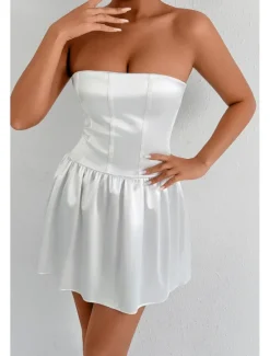 New Women's Mini Dress Dress Graduation Dress Fashion Graduation Tea Party Weekend Regular Fit Plain Sleeveless Strapless Summer Women White Dresses