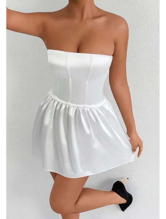 New Women's Mini Dress Dress Graduation Dress Fashion Graduation Tea Party Weekend Regular Fit Plain Sleeveless Strapless Summer Women White Dresses