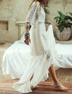 Online Women's Mini Dress Dress Swing Dress Summer Dress Boho Dress Streetwear Maxi Basic Vacation Street Holiday Regular Fit Half Sleeve V Neck Summer Women White Dresses