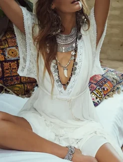Online Women's Mini Dress Dress Swing Dress Summer Dress Boho Dress Streetwear Maxi Basic Vacation Street Holiday Regular Fit Half Sleeve V Neck Summer Women White Dresses