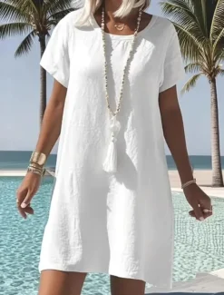 Women's Mini Dress White Dress Cotton Linen Dress Vacation Casual Holiday Form Fit Plain Short Sleeve Crew Neck White Light Blue Summer Spring Women White Dresses