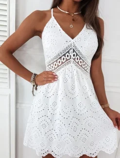Outlet Women's Mini Dress Dress Graduation Dress Lace Wedding Dress Boho Dress Fashion Streetwear Modern Outdoor Vacation Street Regular Fit Plain Sleeveless Strap Summer Spring Women White Dresses