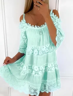 New Women's Mini Dress White Dress Graduation Dress Lace Dress Boho Dress Stylish Basic Modern Vacation Loose Fit Pure Color Half Sleeve Crew Neck Black White Green Light Blue Summer Spring Women White Dresses