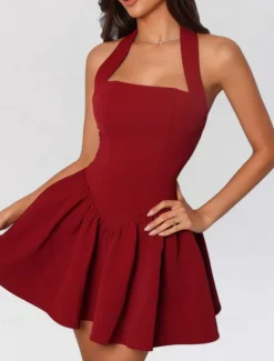 Outlet Women's Mini Dress White Dress Graduation Dress Party Dress Cocktail Dress Fashion Party Date Tea Party Regular Fit Plain Sleeveless Halter Neck Black White Wine Summer Women White Dresses