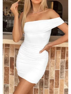 New Women's Mini Dress White Dress Graduation Dress Homecoming Dress Bodycon Fashion Mature Graduation Date Going out Regular Fit Plain Sleeveless One Shoulder Black White Light Blue Summer Women White Dresses