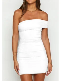 New Women's Mini Dress White Dress Graduation Dress Homecoming Dress Bodycon Fashion Mature Graduation Date Going out Regular Fit Plain Sleeveless One Shoulder Black White Light Blue Summer Women White Dresses