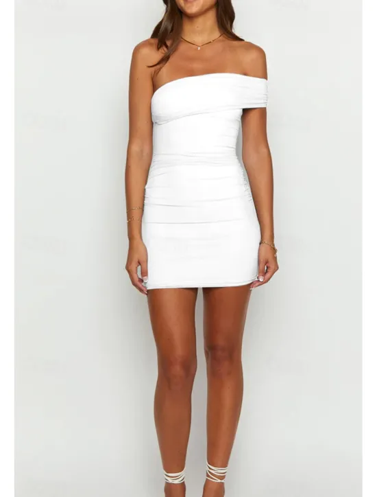 New Women's Mini Dress White Dress Graduation Dress Homecoming Dress Bodycon Fashion Mature Graduation Date Going out Regular Fit Plain Sleeveless One Shoulder Black White Light Blue Summer Women White Dresses
