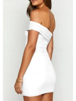 New Women's Mini Dress White Dress Graduation Dress Homecoming Dress Bodycon Fashion Mature Graduation Date Going out Regular Fit Plain Sleeveless One Shoulder Black White Light Blue Summer Women White Dresses