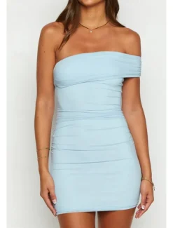 New Women's Mini Dress White Dress Graduation Dress Homecoming Dress Bodycon Fashion Mature Graduation Date Going out Regular Fit Plain Sleeveless One Shoulder Black White Light Blue Summer Women White Dresses