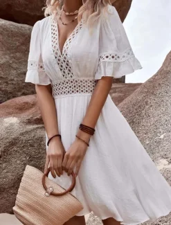 Outlet Women's Mini Dress White Dress White Lace Dress with Sleeves Boho Chic Dresses Summer Dress Bohemia Vacation Beach Regular Fit Short Sleeve V Neck White Summer Women White Dresses