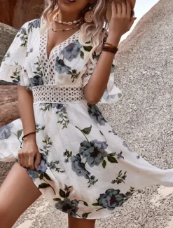 Outlet Women's Mini Dress White Dress White Lace Dress with Sleeves Boho Chic Dresses Summer Dress Bohemia Vacation Beach Regular Fit Short Sleeve V Neck White Summer Women White Dresses