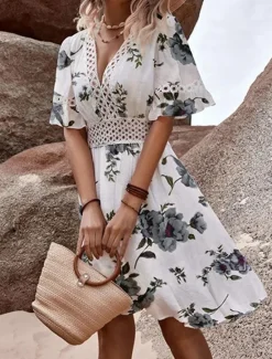 Outlet Women's Mini Dress White Dress White Lace Dress with Sleeves Boho Chic Dresses Summer Dress Bohemia Vacation Beach Regular Fit Short Sleeve V Neck White Summer Women White Dresses
