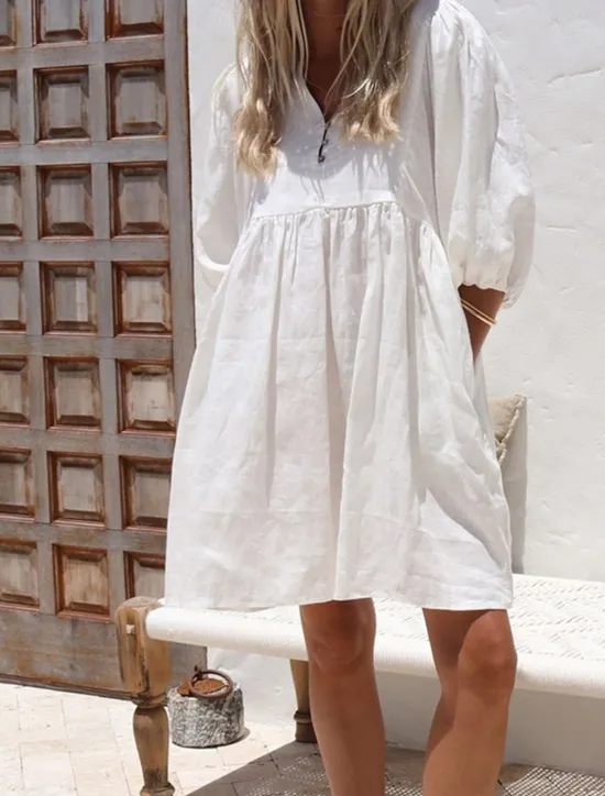 Outlet Women's Mini Dress White Dress Cotton Linen Dresses Black Dress Casual Dress Basic Modern Daily Weekend Loose Fit Plain 3/4 Length Sleeve V Neck Black White Rose Red Summer Spring Women Dresses|White Dresses