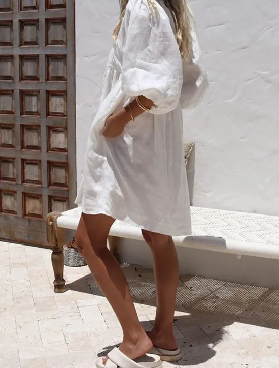 Outlet Women's Mini Dress White Dress Cotton Linen Dresses Black Dress Casual Dress Basic Modern Daily Weekend Loose Fit Plain 3/4 Length Sleeve V Neck Black White Rose Red Summer Spring Women Dresses|White Dresses