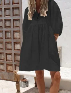 Outlet Women's Mini Dress White Dress Cotton Linen Dresses Black Dress Casual Dress Basic Modern Daily Weekend Loose Fit Plain 3/4 Length Sleeve V Neck Black White Rose Red Summer Spring Women Dresses|White Dresses