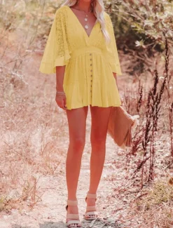 Sale Women's Mini Dress White Dress Lace Dress Boho Chic Dresses Boho Dress Bohemia A Line Date Regular Fit 3/4 Length Sleeve V Neck Black White Yellow Pink Summer Spring Women White Dresses
