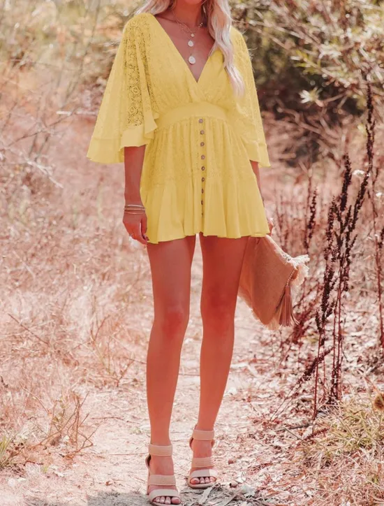 Sale Women's Mini Dress White Dress Lace Dress Boho Chic Dresses Boho Dress Bohemia A Line Date Regular Fit 3/4 Length Sleeve V Neck Black White Yellow Pink Summer Spring Women White Dresses