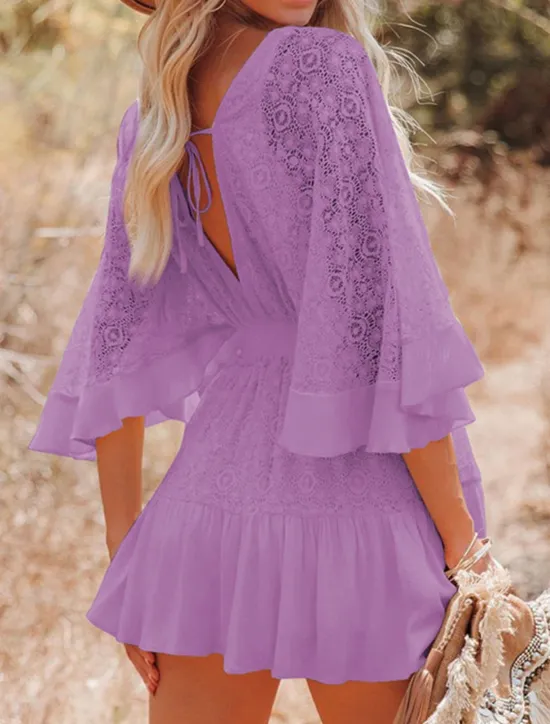 Sale Women's Mini Dress White Dress Lace Dress Boho Chic Dresses Boho Dress Bohemia A Line Date Regular Fit 3/4 Length Sleeve V Neck Black White Yellow Pink Summer Spring Women White Dresses