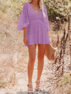 Sale Women's Mini Dress White Dress Lace Dress Boho Chic Dresses Boho Dress Bohemia A Line Date Regular Fit 3/4 Length Sleeve V Neck Black White Yellow Pink Summer Spring Women White Dresses