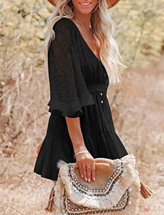Sale Women's Mini Dress White Dress Lace Dress Boho Chic Dresses Boho Dress Bohemia A Line Date Regular Fit 3/4 Length Sleeve V Neck Black White Yellow Pink Summer Spring Women White Dresses