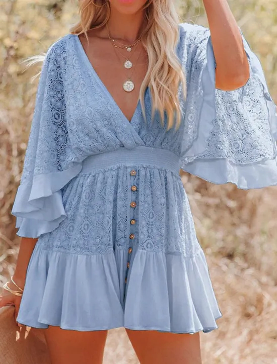 Sale Women's Mini Dress White Dress Lace Dress Boho Chic Dresses Boho Dress Bohemia A Line Date Regular Fit 3/4 Length Sleeve V Neck Black White Yellow Pink Summer Spring Women White Dresses