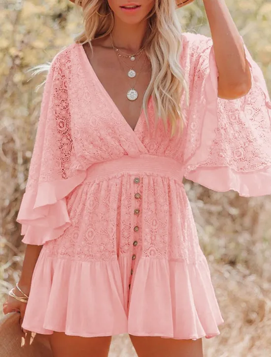 Sale Women's Mini Dress White Dress Lace Dress Boho Chic Dresses Boho Dress Bohemia A Line Date Regular Fit 3/4 Length Sleeve V Neck Black White Yellow Pink Summer Spring Women White Dresses
