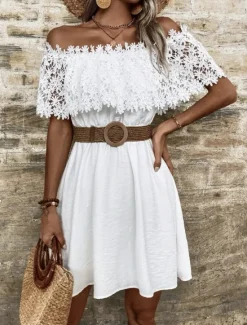 New Women's Mini Dress Dress Lace Wedding Dress Boho Chic Dresses Boho Dress Bohemia Date Regular Fit Short Sleeve Off Shoulder Summer Women White Dresses