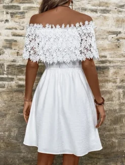 New Women's Mini Dress Dress Lace Wedding Dress Boho Chic Dresses Boho Dress Bohemia Date Regular Fit Short Sleeve Off Shoulder Summer Women White Dresses