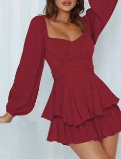 Hot Women's Mini Dress White Dress A Line Dress Stylish Casual Lantern Sleeve Vacation Daily Date Regular Fit Plain Long Sleeve Square Neck Black White Pink Wine Summer Fall Women White Dresses