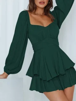 Hot Women's Mini Dress White Dress A Line Dress Stylish Casual Lantern Sleeve Vacation Daily Date Regular Fit Plain Long Sleeve Square Neck Black White Pink Wine Summer Fall Women White Dresses