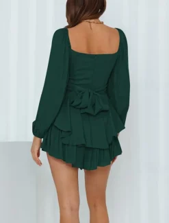 Hot Women's Mini Dress White Dress A Line Dress Stylish Casual Lantern Sleeve Vacation Daily Date Regular Fit Plain Long Sleeve Square Neck Black White Pink Wine Summer Fall Women White Dresses