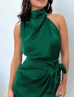 Women's Mini Dress White Dress Casual Dress Satin Dress Summer Dress Elegant Casual Vacation Daily Date Regular Fit Plain Sleeveless Turtleneck Black Dark Green Khaki Summer Spring Women Cocktail Dress