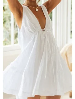 Best Women's Mini Dress White Dress Graduation Dress Fashion Graduation Going out Regular Fit Plain Sleeveless V Neck White Navy Blue Apricot Summer Women White Dresses