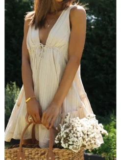 Best Women's Mini Dress White Dress Graduation Dress Fashion Graduation Going out Regular Fit Plain Sleeveless V Neck White Navy Blue Apricot Summer Women White Dresses