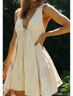 Best Women's Mini Dress White Dress Graduation Dress Fashion Graduation Going out Regular Fit Plain Sleeveless V Neck White Navy Blue Apricot Summer Women White Dresses