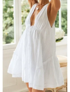 Best Women's Mini Dress White Dress Graduation Dress Fashion Graduation Going out Regular Fit Plain Sleeveless V Neck White Navy Blue Apricot Summer Women White Dresses