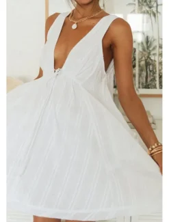 Best Women's Mini Dress White Dress Graduation Dress Fashion Graduation Going out Regular Fit Plain Sleeveless V Neck White Navy Blue Apricot Summer Women White Dresses