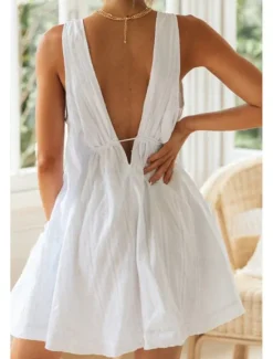 Best Women's Mini Dress White Dress Graduation Dress Fashion Graduation Going out Regular Fit Plain Sleeveless V Neck White Navy Blue Apricot Summer Women White Dresses