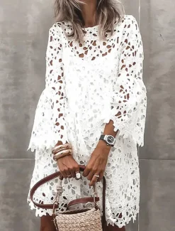 Women's Mini Dress White Dress White Lace Wedding Dress Boho Dress Fashion Outdoor Regular Fit Plain 3/4 Length Sleeve Crew Neck Black White Summer Women White Dresses