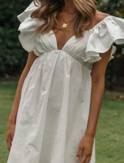 Sale Women's Mini Dress Dress Casual Dress Fashion Modern Vacation Holiday Going out Regular Fit Plain Short Sleeve V Neck Summer Women White Dresses