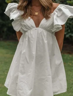 Sale Women's Mini Dress Dress Casual Dress Fashion Modern Vacation Holiday Going out Regular Fit Plain Short Sleeve V Neck Summer Women White Dresses