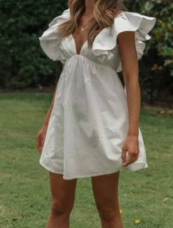 Sale Women's Mini Dress Dress Casual Dress Fashion Modern Vacation Holiday Going out Regular Fit Plain Short Sleeve V Neck Summer Women White Dresses