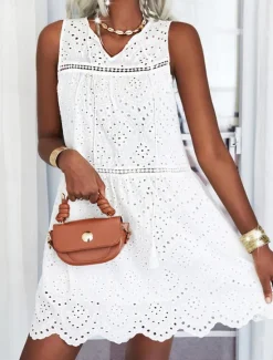 New Women's Mini Dress Dress Lace Dress Casual Dress Tank Dress Streetwear Basic Street Date Loose Fit Sleeveless V Neck Summer Women White Dresses