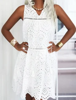 New Women's Mini Dress Dress Lace Dress Casual Dress Tank Dress Streetwear Basic Street Date Loose Fit Sleeveless V Neck Summer Women White Dresses