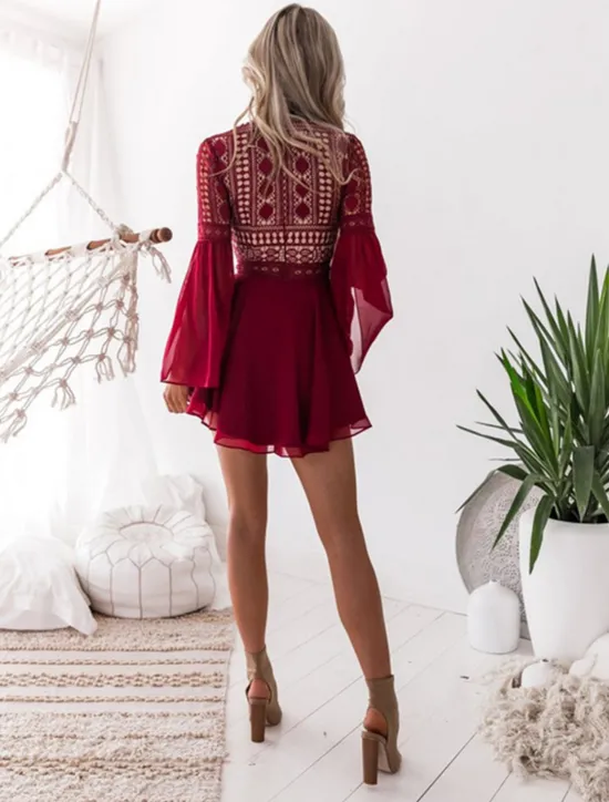 Discount Women's Mini Dress White Dress Lace Dress Party Dress A Line Dress Elegant Hot Daily Holiday Date Slim Pure Color Long Sleeve V Neck Black White Wine Summer Spring Women White Dresses