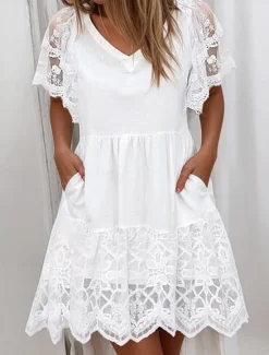 Best Women's Mini Dress Dress Lace Dress Casual Dress A Line Dress Maxi A Line Street Holiday Date Regular Fit Short Sleeve V Neck Summer Women White Dresses
