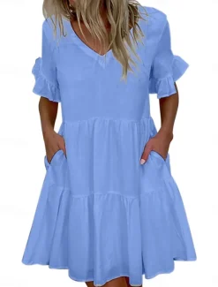 Best Women's Mini Dress White Dress Casual Dress Ruffle Dress Puff Sleeve Dress Basic Casual Vacation Daily Regular Fit Plain Sleeveless V Neck White Yellow Blue Summer Women White Dresses