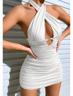 Outlet Women's Mini Dress White Dress Graduation Dress Bodycon Halter Neck Dress Fashion Modern Birthday Graduation Date Regular Fit Plain Sleeveless Halter Neck Black White Summer Women White Dresses