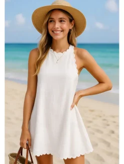 Sale Women's Mini Dress Dress Graduation Dress Elegant Basic Modern Vacation Holiday Beach Regular Fit Plain Sleeveless Halter Neck Summer Women White Dresses